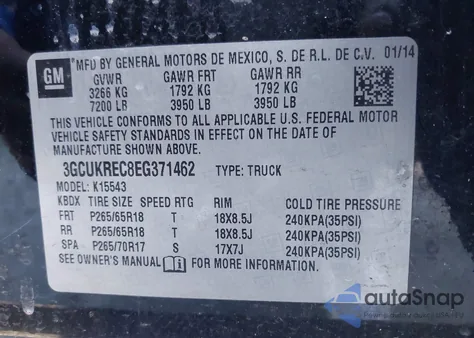 2014 Chevrolet Silverado 1500 2Lt from USA, damaged, VIN 3GCUKREC8EG371462